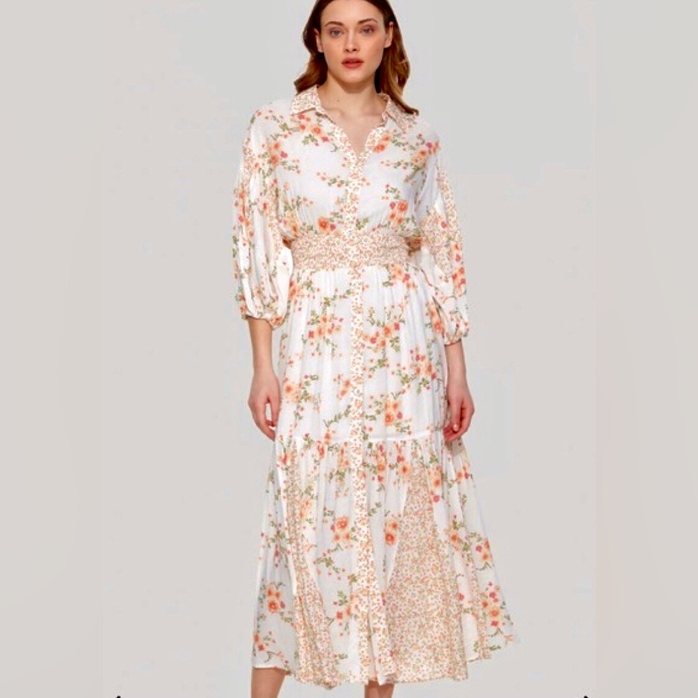 Dex White Floral Maxi Dress with Peach and Green Print